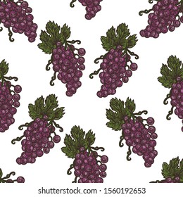 Seamless pattern of hand drawn grapes on white background.