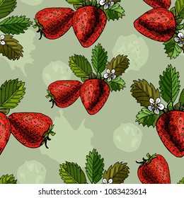 Seamless pattern hand drawn graphic  and colored sketch with strawberry and leaves on light green background. vector illustration.