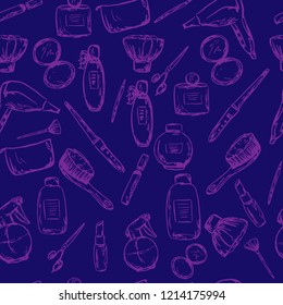 Seamless pattern of hand drawn graphic contour different beauty salon tools. Make-up, hair salon. Vector illustration. Glamour fashion style.