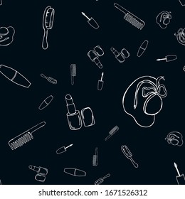 Seamless pattern of hand drawn graphic contour tools of various beauty salon. Makeup, hair care, headdress or hat. Vector illustration of a glamorous fashion style.