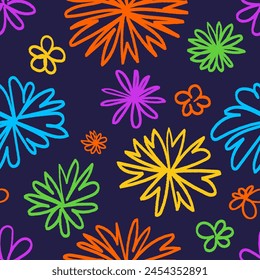 Seamless pattern with hand drawn graphic flower and leaves. Floral design. Vector illustration.