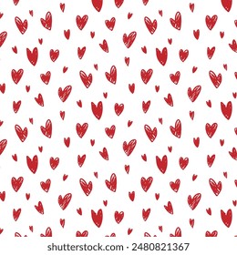 Seamless pattern with hand drawn graphic red hearts. Decorative pattern for wedding invitation banners, cards and posters.
