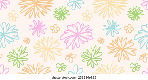 Seamless pattern with hand drawn graphic flower and leaves in pastel colors. Floral design. Great for textile, fabric, wallpaper, wrapping, scrapbook and packaging	