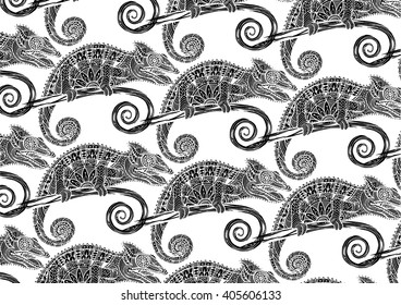 Seamless pattern with hand drawn graphic ornate chameleon.Vector illustration for coloring book, print on fabric. 