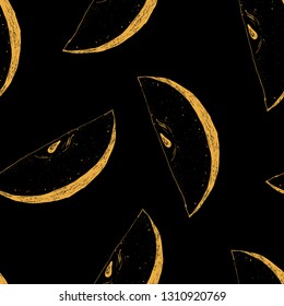 Seamless pattern of hand drawn, graphical apples halfs. Yellow linear silhouettes.