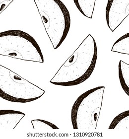 Seamless pattern of hand drawn, graphical apples halfs. Black linear silhouettes.