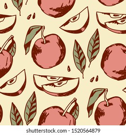 Seamless pattern of hand drawn, graphical apples fruits, leaves, halfs.