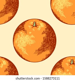 Seamless pattern of hand drawn, graphical ripe orange fruit