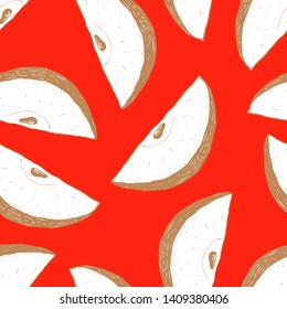 Seamless pattern of hand drawn, grapical, exquisite gold apples halfs.