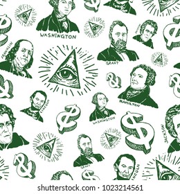 Seamless pattern hand drawn with gravure of president`s portraits on white background. Vector illustration. 