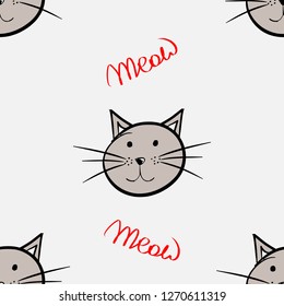 Seamless pattern with hand drawn gray cat and Meow red lettering. Vector design. Perfect for wrapping paper, textiles or background