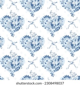 Seamless pattern with hand drawn great design for wedding decoration, for tablecloth, napkins, background on blue background. Wedding, Valentines Day concept, love,, romance concept