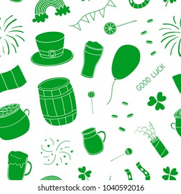Seamless pattern with hand drawn green items for Saint patrick's day celebration.