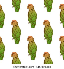 Seamless pattern with hand drawn green parrots, vector illustration