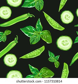 Seamless pattern with hand drawn green vegetables on dark background