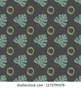 Seamless pattern with hand drawn green leaves and yellow circles, vector illustration