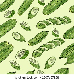 Seamless pattern of hand drawn green cucumbers. Ink and colored sketch  on light green  background. Whole and sliced elementss. Vector illustration.