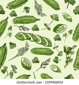 Seamless pattern of   hand drawn green cucumbers and different herbs. Ink and colored sketch  on light green  background. Whole and sliced elementss. Vector illustration.