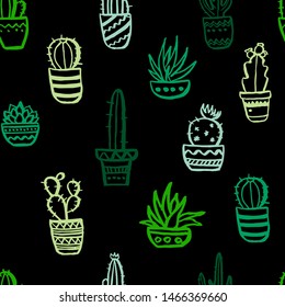 Seamless pattern with hand drawn 
 green cactuses on the black background
