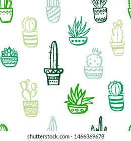 Seamless pattern with hand drawn green cactuses on the white green background