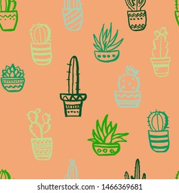 Seamless pattern with hand drawn 
 green cactuses on the orange background