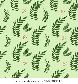 Seamless pattern with hand drawn green leaves.