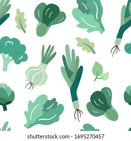 Seamless pattern with hand drawn green vegetables & salads. Doodle style greens isolated on white background. Repeating texture for vegetarian, vegan food wrapping, decoration, food hall. Food sketch.