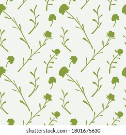 Seamless pattern with hand drawn green flowers, twigs on a light background. Doodle, simple outline illustration. It can be used for decoration of textile, paper and other surfaces.
