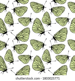 Patrón sin foco con mariposas verdes dibujadas a mano sobre un fondo blanco. Doodle, simple ilustración de contorno. Se puede utilizar para la decoración de textiles, papel y otras superficies.