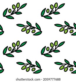 Seamless pattern with hand drawn green olive branch. vector summer elements.
