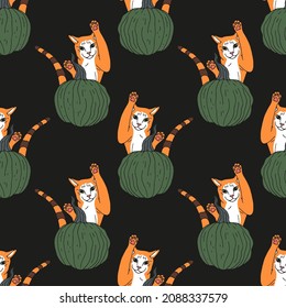 Seamless pattern with hand drawn green pumpkins and jumping cat. Black background. Autumn digital paper.