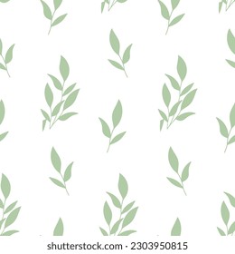 Seamless pattern of hand drawn of green tea leaves on isolated background. Design for springtime and summertime celebration, scrapbooking, textile, home decor, paper craft.