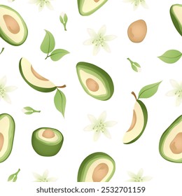Patrón sin fisuras con mitades de aguacate verde dibujadas a mano. Vegetales orgánicos frescos, saludables, veganos, alimentos crudos.