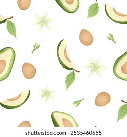 Seamless pattern with hand drawn green  avocado halves. Fresh organic vegetable, healthy, vegan, raw food.