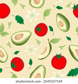 Seamless pattern with hand drawn green  avocado halves and tomato. Fresh organic vegetable, healthy, vegan, raw food.