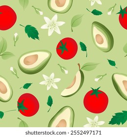 Seamless pattern with hand drawn green  avocado halves and tomato. Fresh organic vegetable, healthy, vegan, raw food.