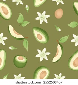 Seamless pattern with hand drawn green  avocado halves. Fresh organic vegetable, healthy, vegan, raw food.