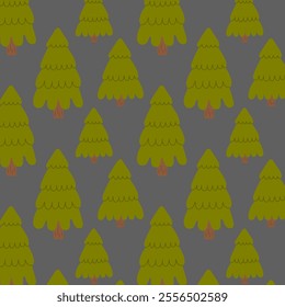 Seamless pattern with hand drawn green fir trees on a gray background. Perfect for Christmas, New Year, winter-themed designs, gift wrapping, textiles, and digital projects.