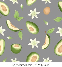 Seamless pattern with hand drawn green  avocado halves. Fresh organic vegetable, healthy, vegan, raw food.