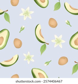 Seamless pattern with hand drawn green  avocado halves. Fresh organic vegetable, healthy, vegan, raw food.