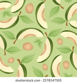 Seamless pattern with hand drawn green  avocado slices. Fresh organic vegetable, healthy, vegan, raw food.