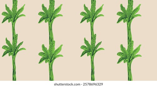 Seamless pattern, hand drawn green bananas, Summer, tropical garden, banana plant, leaves, illustration, background, all over print to use textile, fabric, wallpaper, clothing, fashion, background