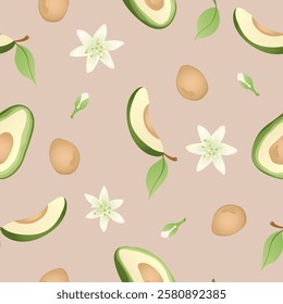 Seamless pattern with hand drawn green  avocado halves. Fresh organic vegetable, healthy, vegan, raw food.