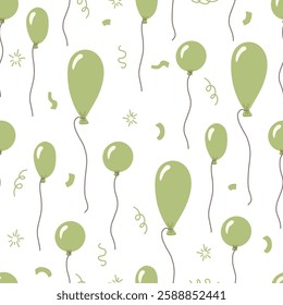 Seamless pattern hand drawn green balloons and festive confetti elements, festive print vector illustration