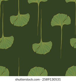 seamless pattern with hand drawn green leaves. Vector botanical pattern featuring elegant ginkgo leaves. For wallpaper, fabric prints, stationery, and luxury decor.