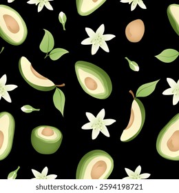 Seamless pattern with hand drawn green  avocado halves. Fresh organic vegetable, healthy, vegan, raw food.