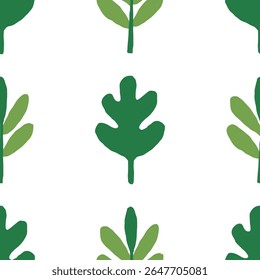 Padrão contínuo com folhas verdes desenhadas à mão. Recortar o desenho da planta no fundo isolado