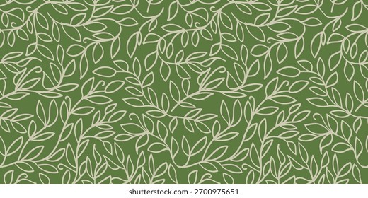 Seamless Pattern Hand Drawn Green Leaves on Dark Background. Vector Illustration, great for fabric and wallpaper.