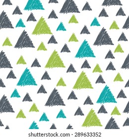 Seamless pattern with hand drawn green and grey triangles. Seamless pattern can be used for wallpapers, web page backgrounds, surface textures. Vector illustration