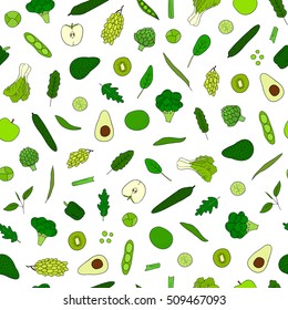 Seamless pattern with hand drawn green vegetables and fruits.